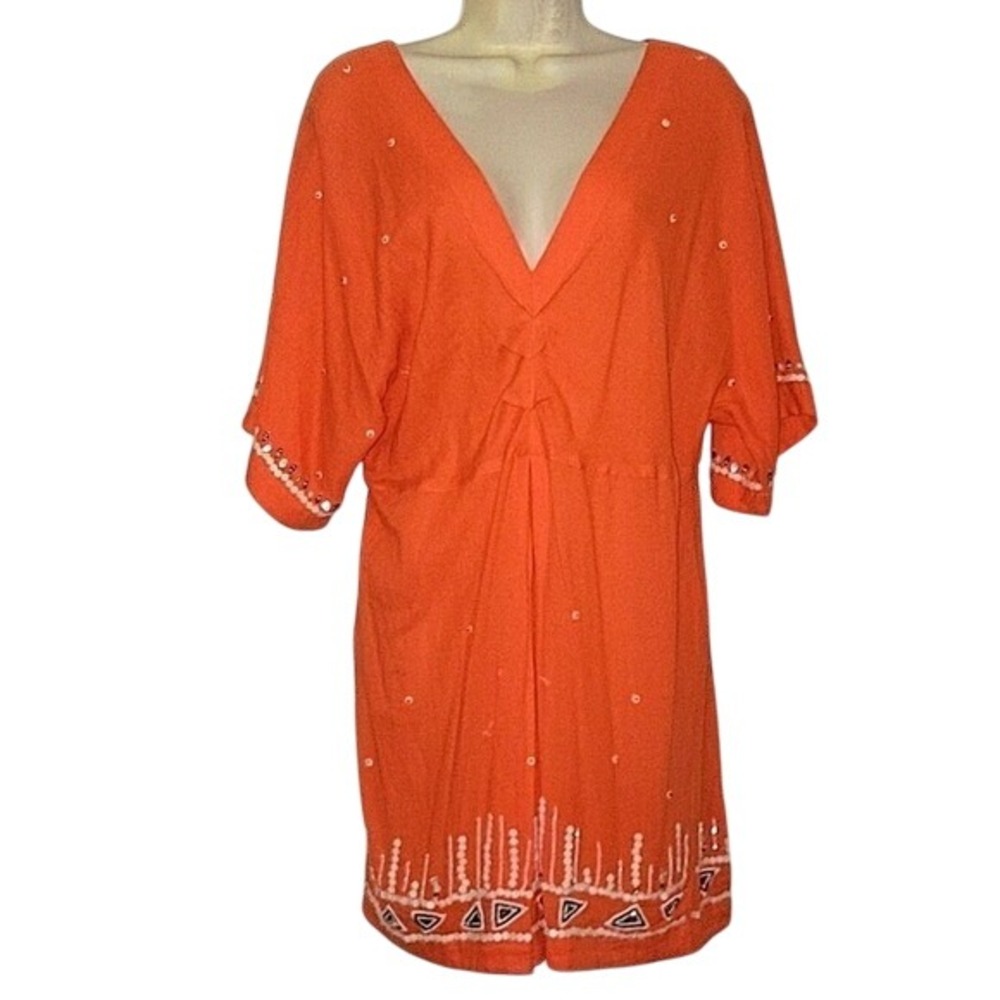 GIANNI BINI Orange Embroidered Dress V-Neck Boho Beach Tunic M coastal californi